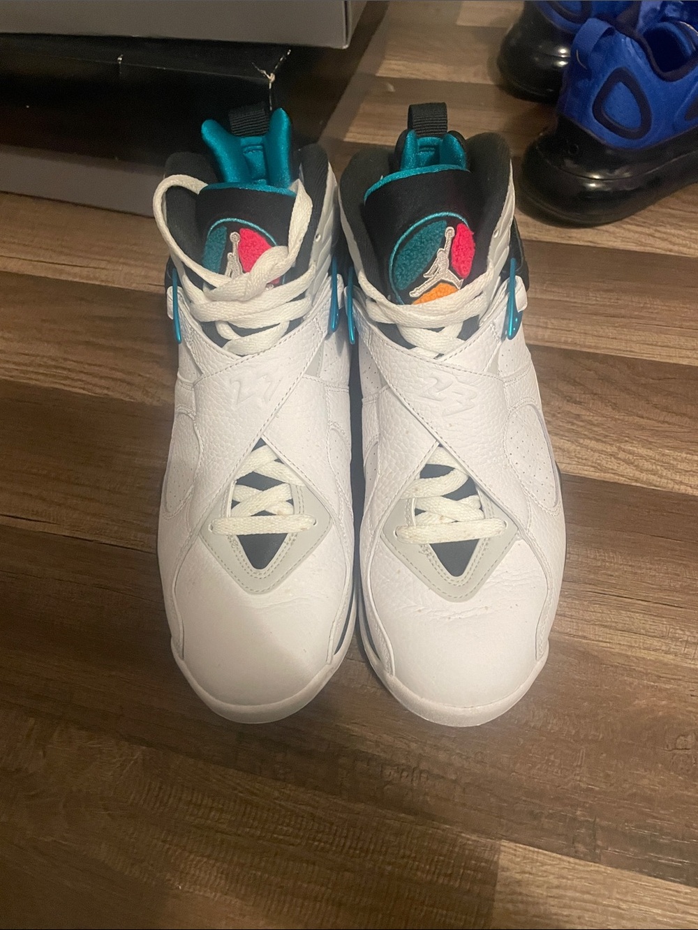 Jordan 8 White Sneakers with Teal and Pink Accents
